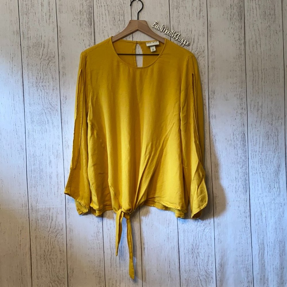 Ava & Viv for Target Mustard Yellow Slip Sleeve Tie Front Blouse Top Plus 2X